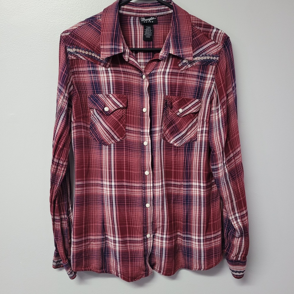 Wrangler Retro Plaid Snap Front Long Sleeve Shirt Womens Size L Red Blue